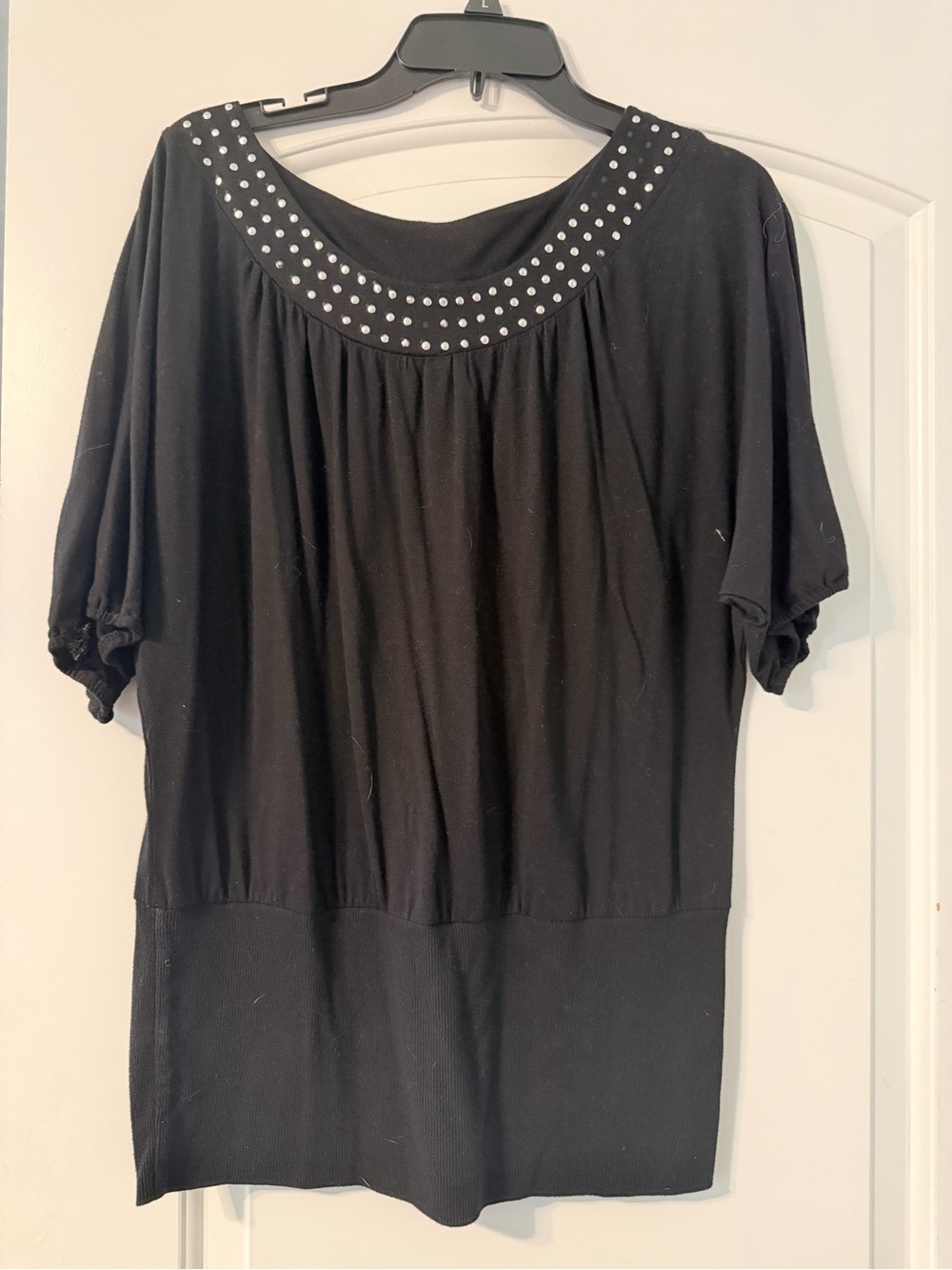 Weavers Black Scoop Neck Top with Silver Stud Trim